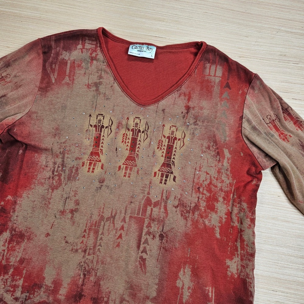 Cactus Bay V-Neck Shirt Womens L Red Southwestern Rhinestone 3/4 Sleeve USA